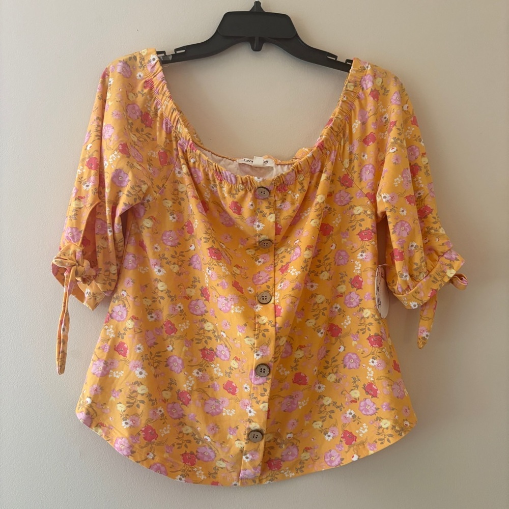 Love + Joy Yellow Floral Off Shoulder Top Large NWT Tie Sleeve Blouse